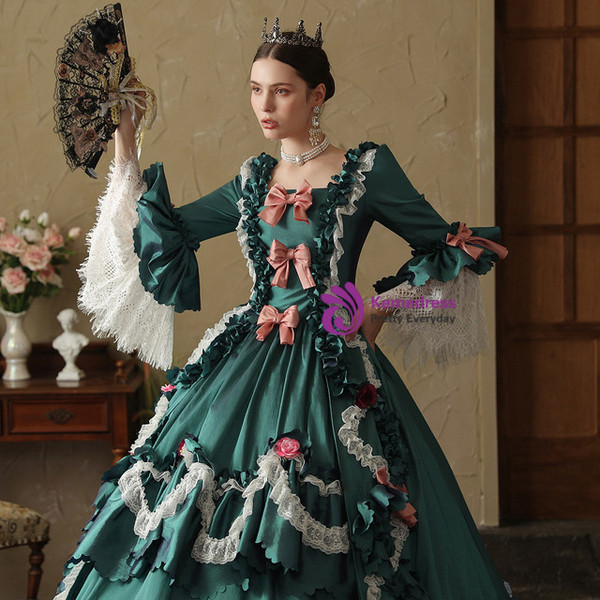 Green Satin Long Sleeve Flower Bow Vintage Dress