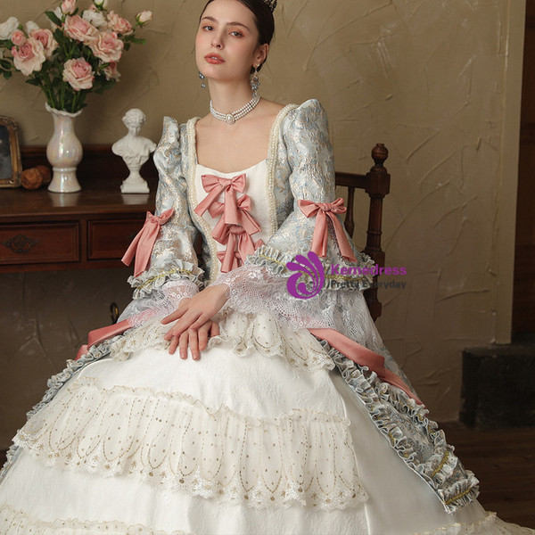 Blue Print Long Sleeve Retro Rococo Dress