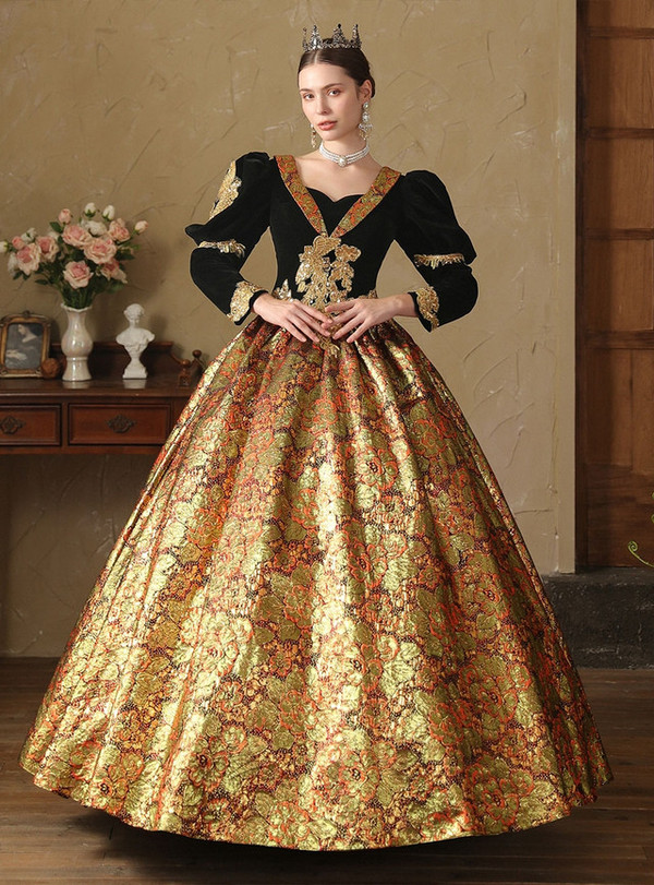 Coffee Print Long Sleeve Black Velvet Vintage Dress