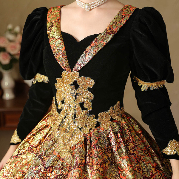 Coffee Print Long Sleeve Black Velvet Vintage Dress