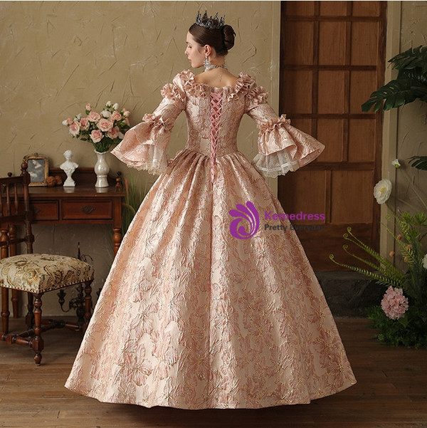 Pink Ball Gown Long Sleeve Oil Painting Vintage Dress