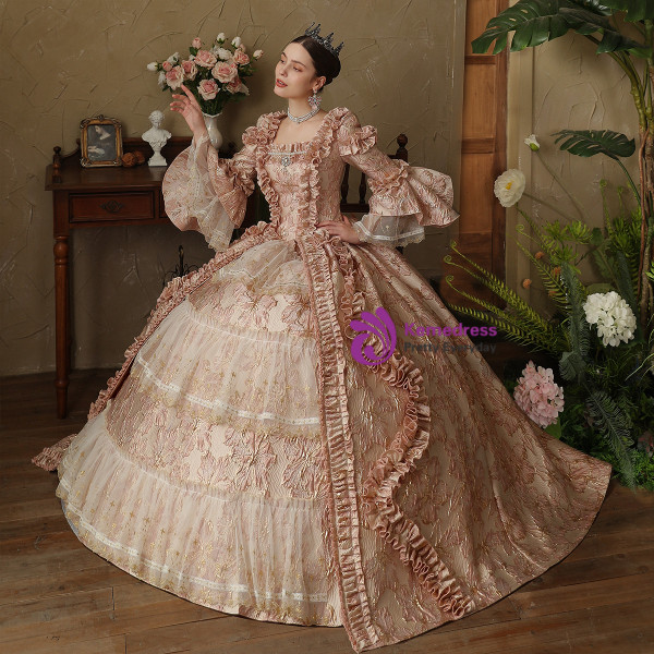 Pink Ball Gown Long Sleeve Oil Painting Vintage Dress