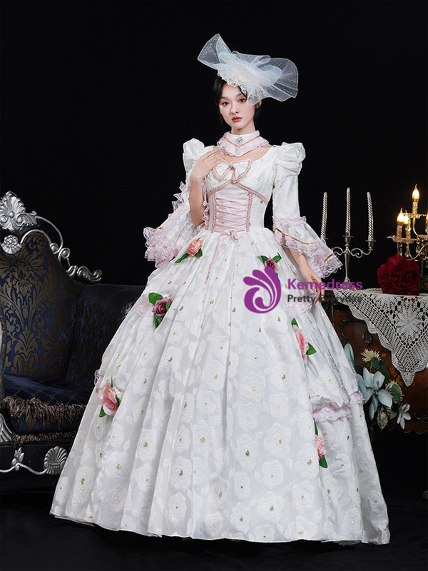 White Print Long Sleeve Flower Vintage Dress