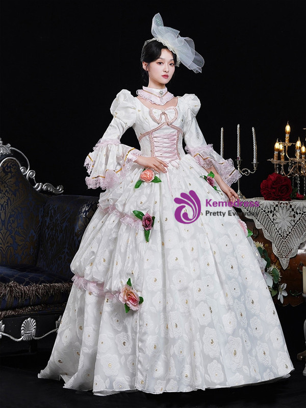 White Print Long Sleeve Flower Vintage Dress