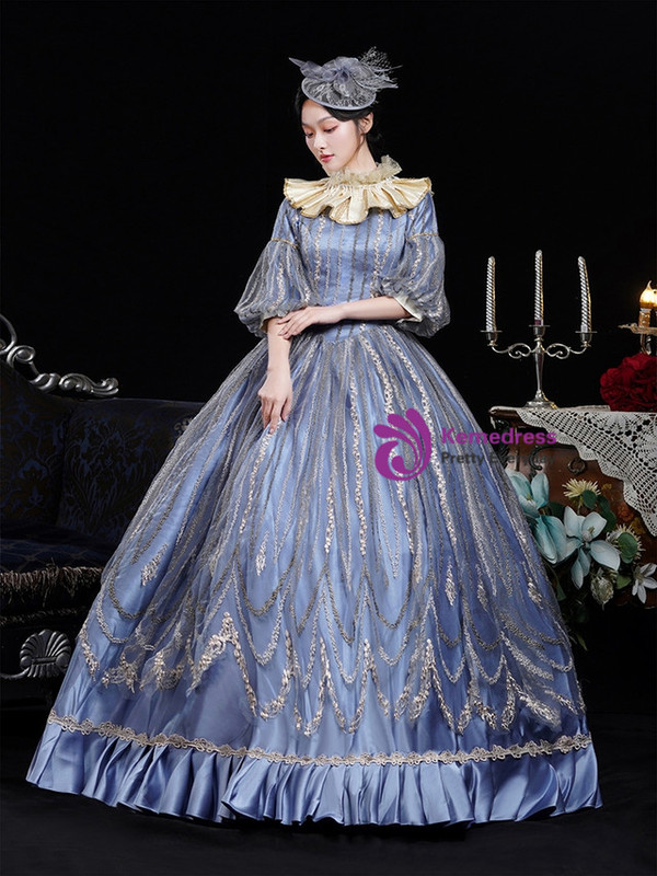 Blue Lace Puff Sleeve Vintage Dress
