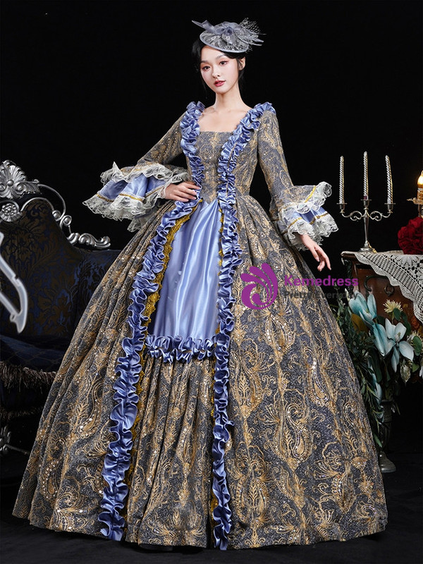 Blue Long Sleeve Lace Rococo Antonietta Dress