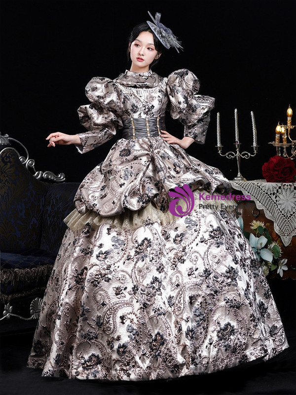Brown High Neck Print Long Sleeve Rococo Dress