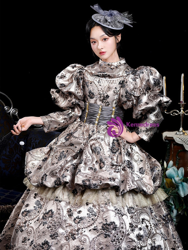 Brown High Neck Print Long Sleeve Rococo Dress