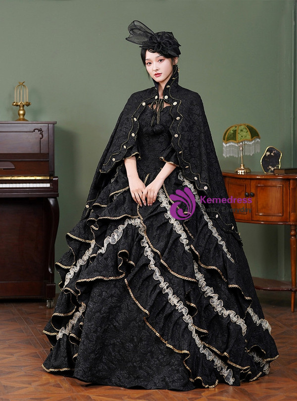 Black Ball Gown Short Sleeve Vintage Dress