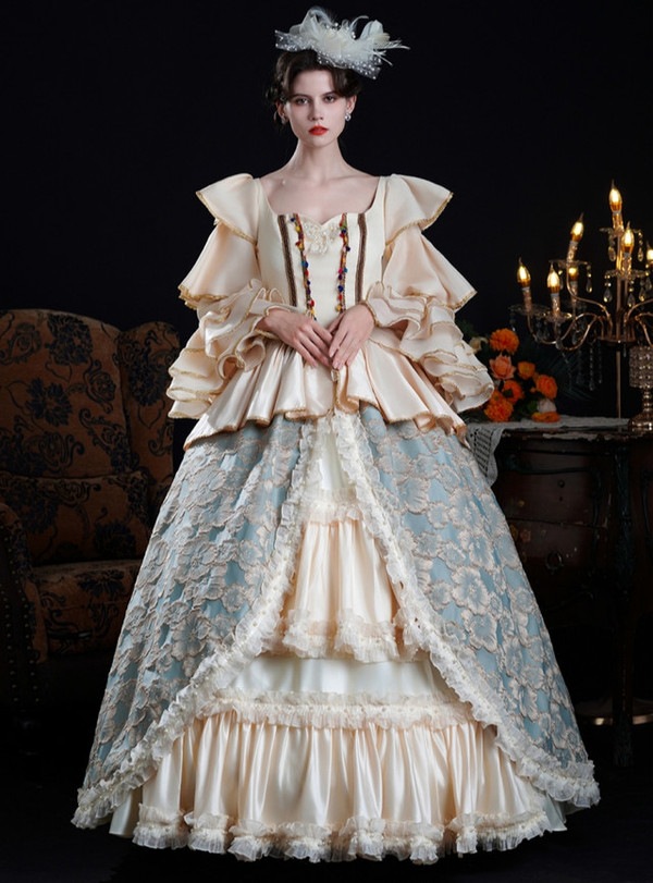 Champagne Blue Print Long Sleeve Rococo Vintage Dress