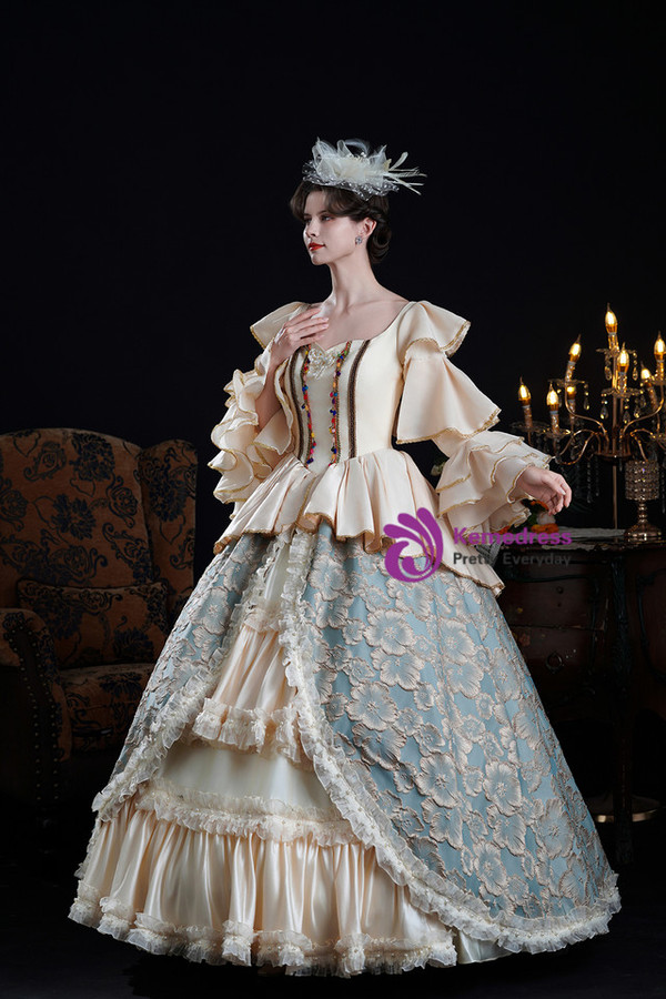 Champagne Blue Print Long Sleeve Rococo Vintage Dress