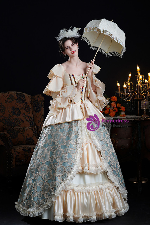 Champagne Blue Print Long Sleeve Rococo Vintage Dress