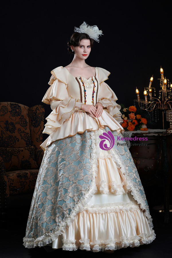 Champagne Blue Print Long Sleeve Rococo Vintage Dress