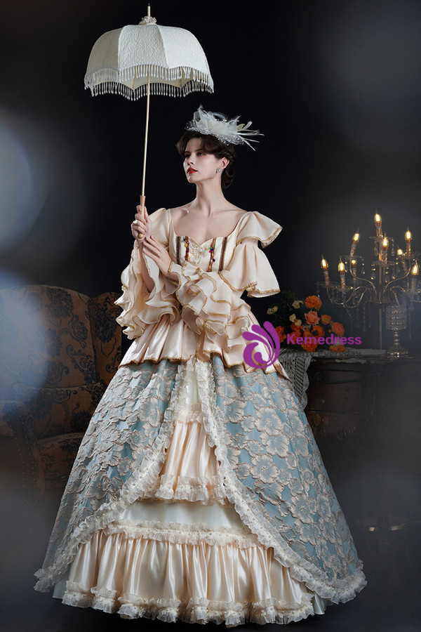 Champagne Blue Print Long Sleeve Rococo Vintage Dress