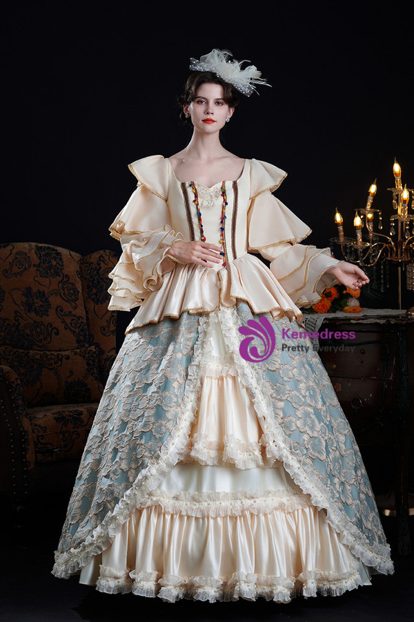 Champagne Blue Print Long Sleeve Rococo Vintage Dress