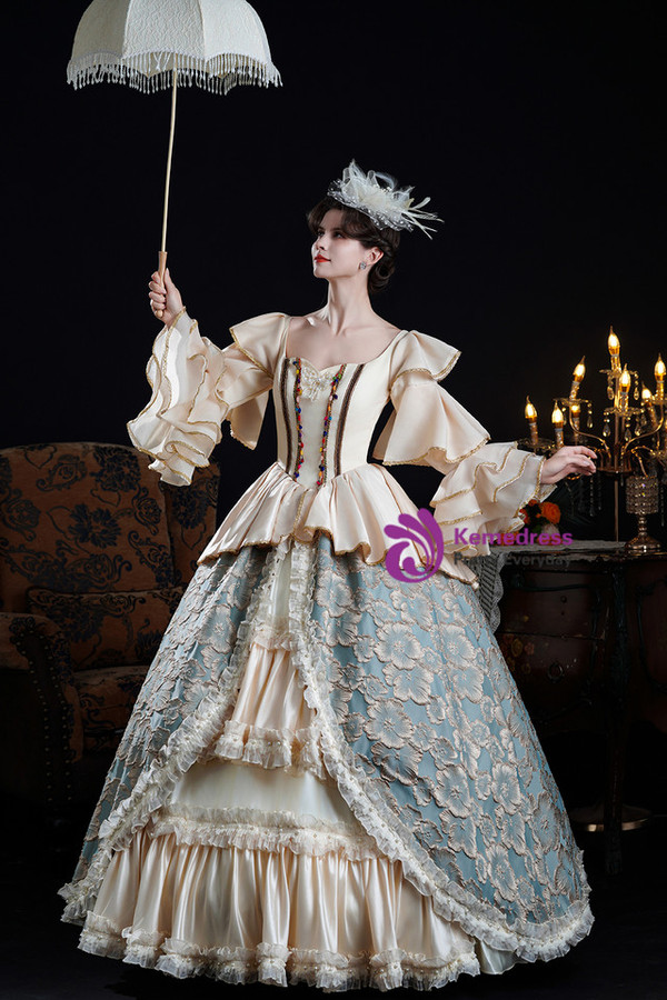 Champagne Blue Print Long Sleeve Rococo Vintage Dress