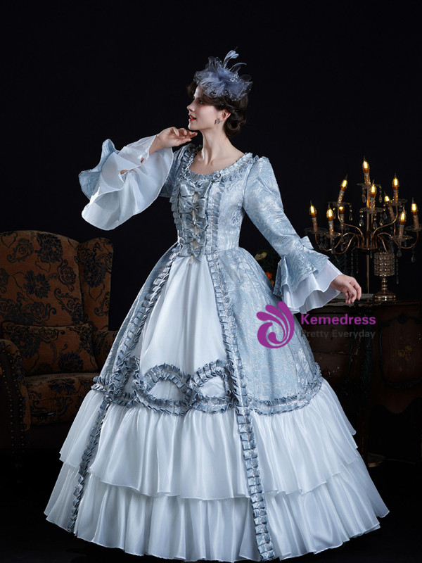 Blue Print Long Sleeve Bow Vintage Dress