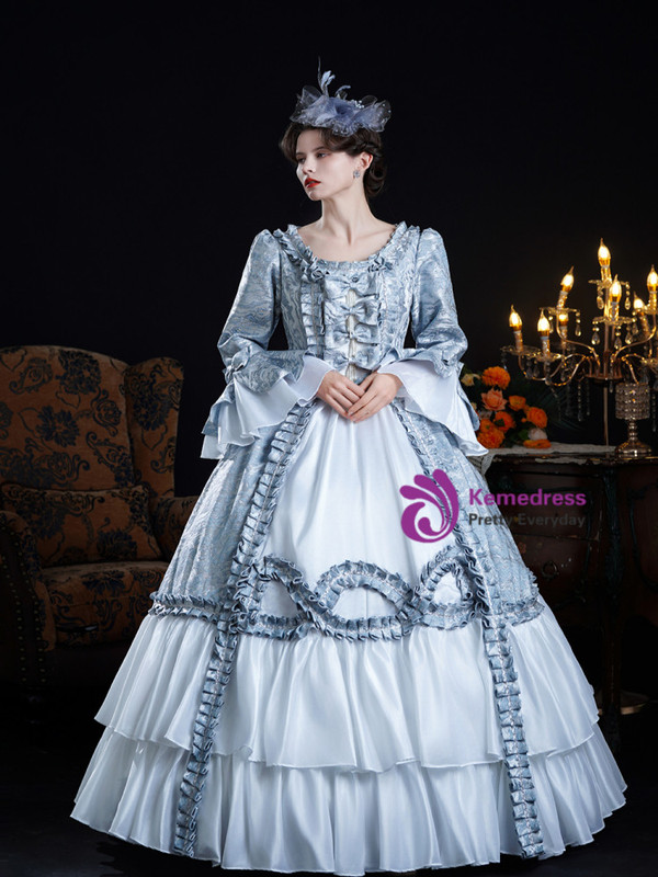 Blue Print Long Sleeve Bow Vintage Dress