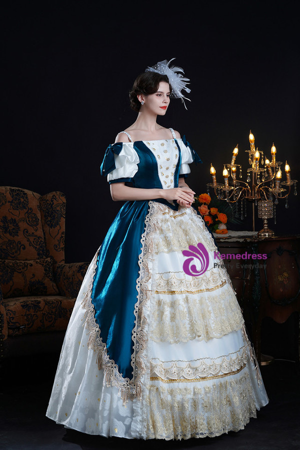 Blue Satin Lace Short Sleeve Vintage Dress