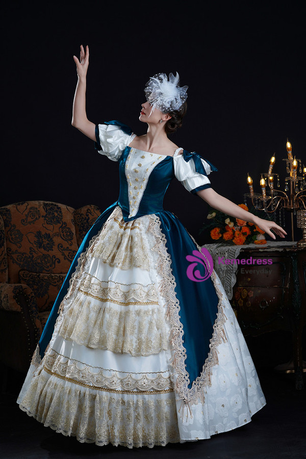 Blue Satin Lace Short Sleeve Vintage Dress