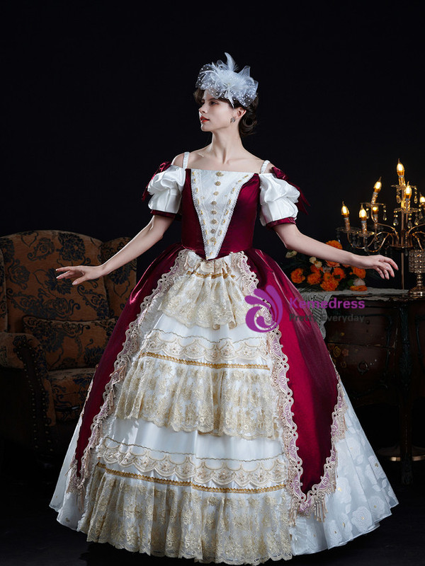 Burgundy Satin Lace Short Sleeve Vintage Dress
