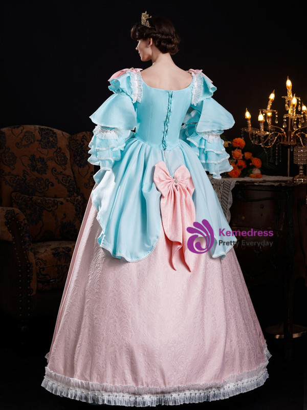 Blue Pink Satin Long Sleeve Bow Vintage Dress