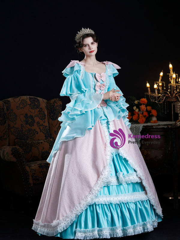 Blue Pink Satin Long Sleeve Bow Vintage Dress
