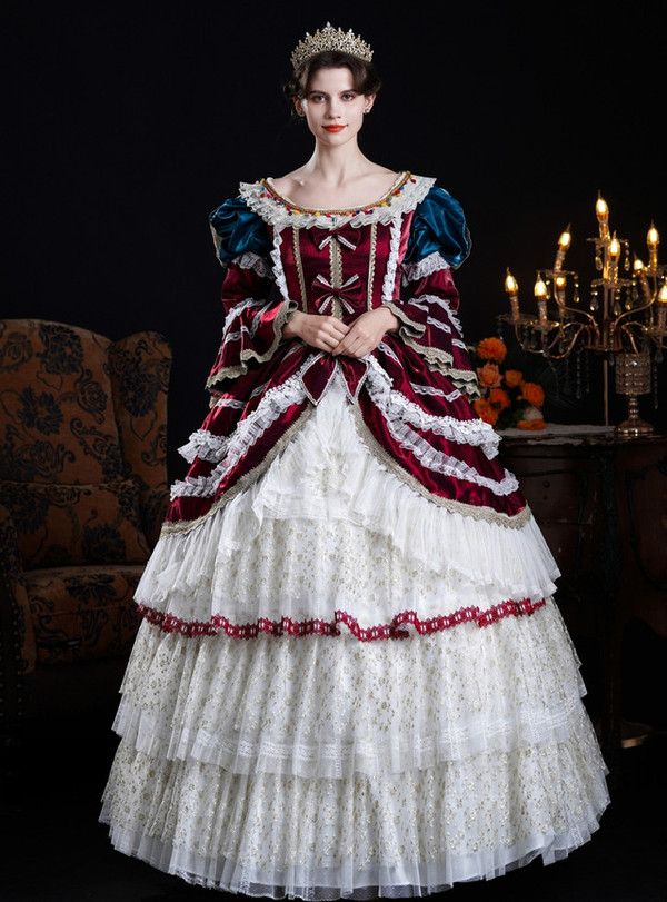 Burgundy Satin Long Sleeve Victorian Rococo Dress