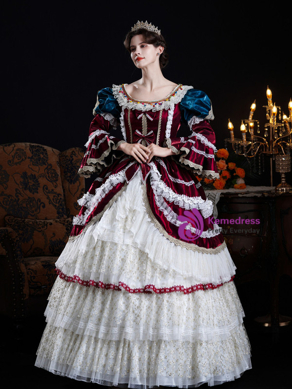 Burgundy Satin Long Sleeve Victorian Rococo Dress