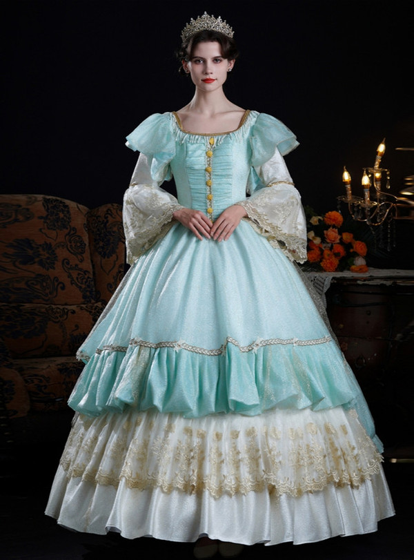 Blue Long Sleeve Lace Baroque Vintage Dress