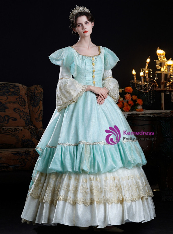 Blue Long Sleeve Lace Baroque Vintage Dress