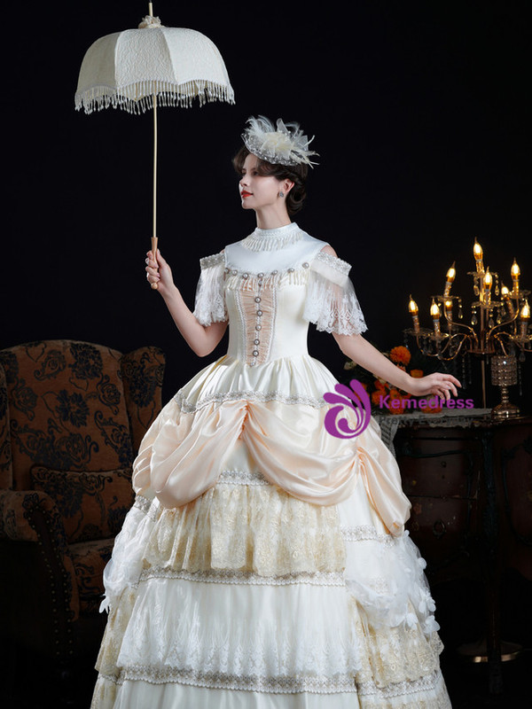 Champagne Satin Lace Vintage Rococo Dress