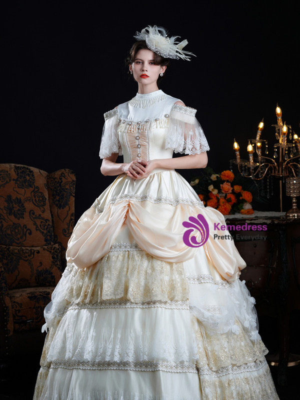 Champagne Satin Lace Vintage Rococo Dress