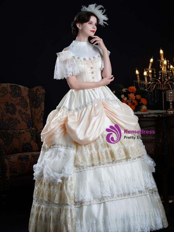 Champagne Satin Lace Vintage Rococo Dress