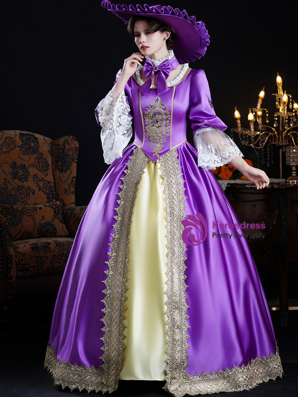 Purple Long Sleeve Lace Baroque Vintage Dress