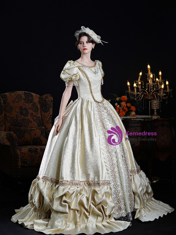 Champagne Puff Sleeve Beading Vintage Dress