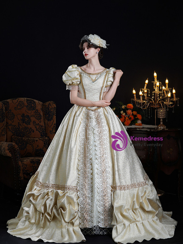 Champagne Puff Sleeve Beading Vintage Dress