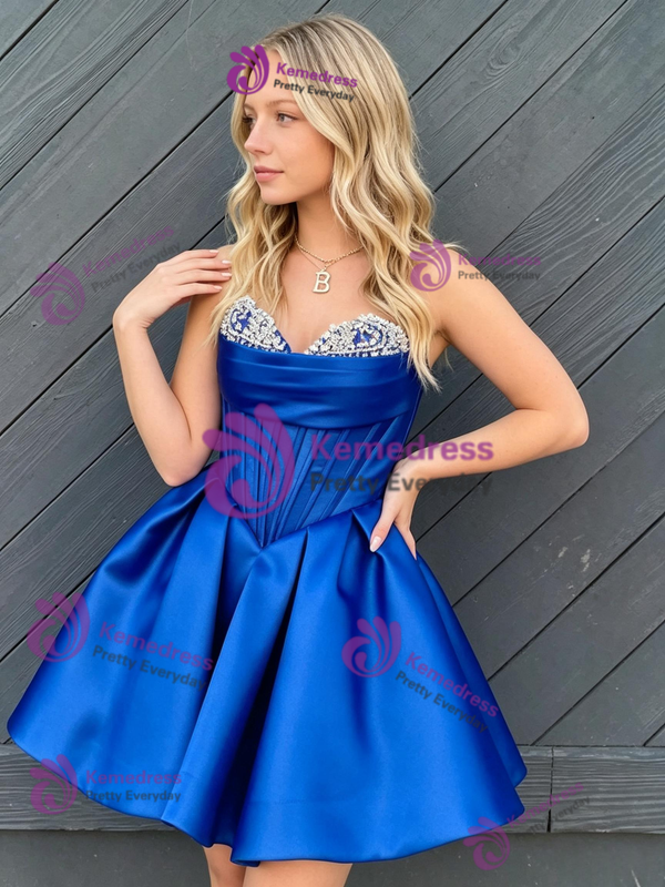 Royal Blue Satin Strapless Beading Homecoming Dress