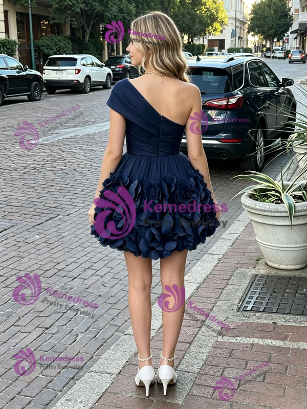 Navy Blue One Shoulder Flower Homecoming Dress