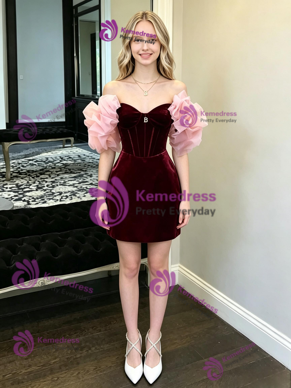 Burgundy Velvet Off the Shoulder Homecoming Dress