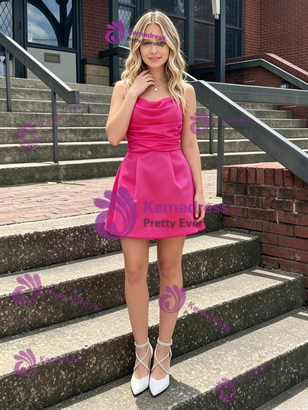 Hot Pink Satin Spaghetti Straps Pleats Homecoming Dress