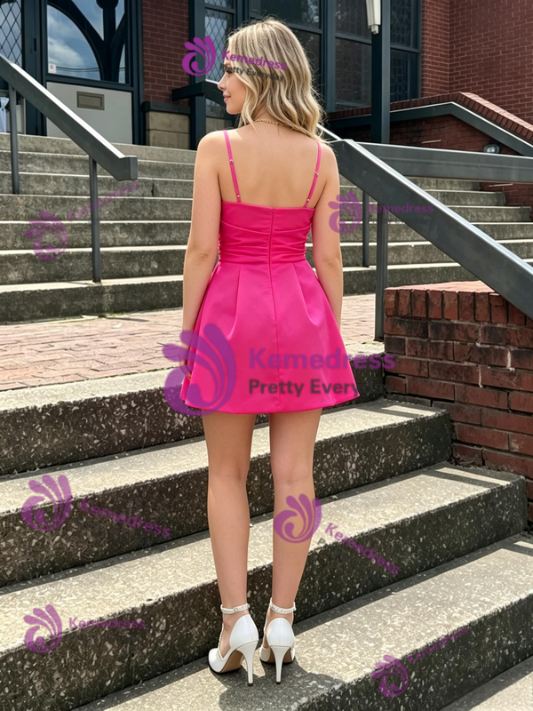 Hot Pink Satin Spaghetti Straps Pleats Homecoming Dress