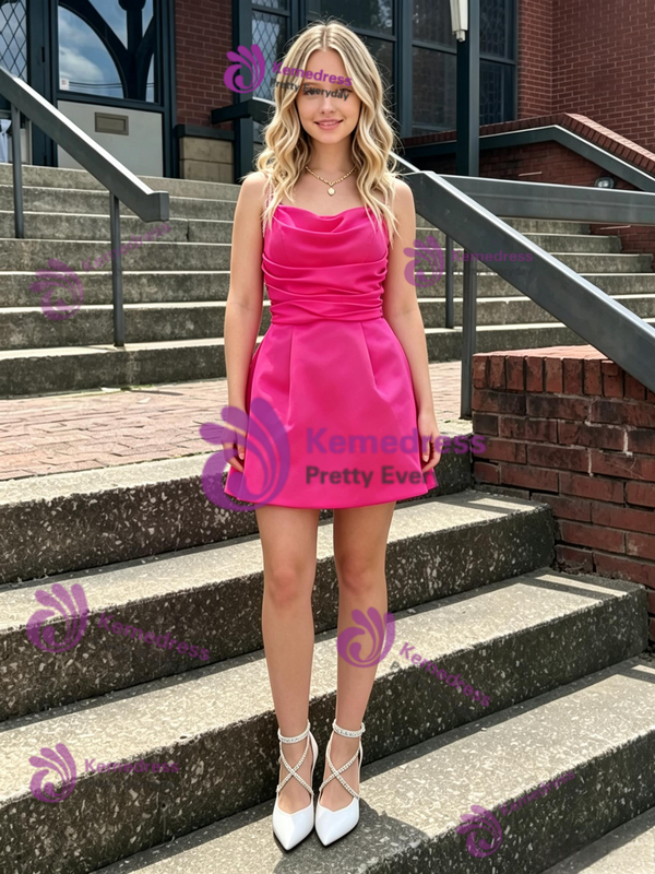 Hot Pink Satin Spaghetti Straps Pleats Homecoming Dress