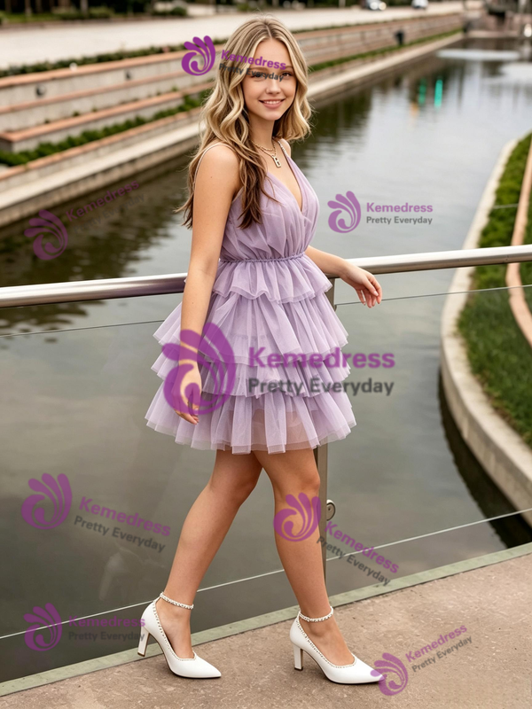 Purple Tulle Straps Tiers Homecoming Dress