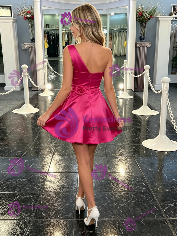 Fuchsia Satin One Shoulder Pleats Homecoming Dress