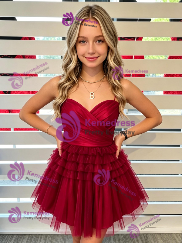 Burgundy Tulle Tiers Homecoming Dress