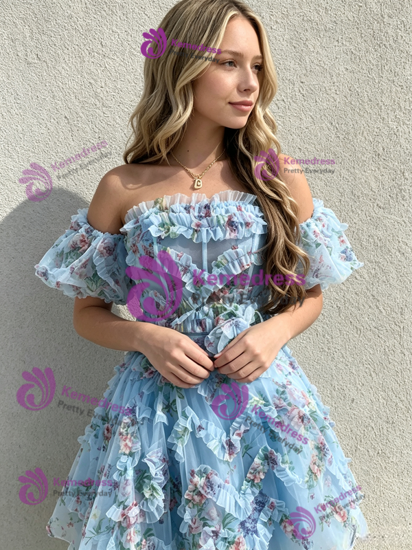 Blue Tulle Print Off the Shoulder Homecoming Dress