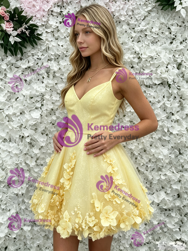 Yellow Tulle Straps Appliques Homecoming Dress