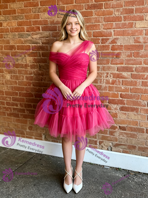Fuchsia Tulle One Shoulder Pleats Homecoming Dress