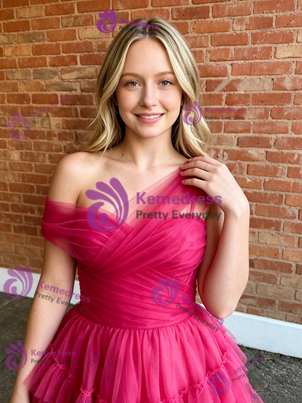 Fuchsia Tulle One Shoulder Pleats Homecoming Dress